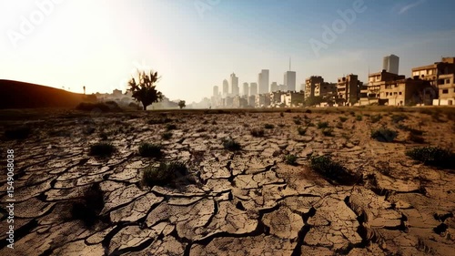 Arid cracked earth landscape with distant skyline and sparse vegetation, symbolizing environmental drought and climate change, featuring textures and natural light.