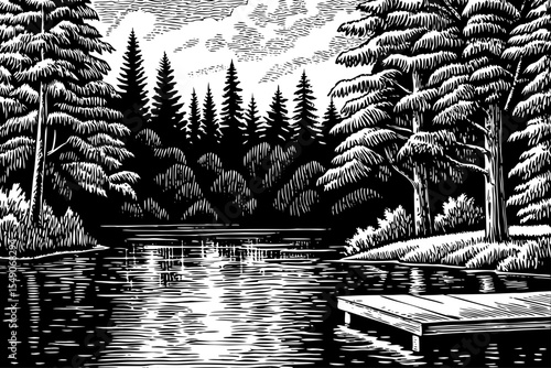 Forest lake encircled by tall evergreen trees and a wooden dock, a black and white sketch vector