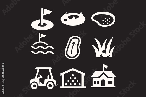 A set of golf course elements in vintage vector style including holes, bunkers, water hazard, fairway, rough, golf cart, driving range, and clubhouse. Great for golf maps, apps, and infographics.