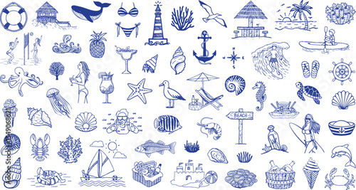 Hand drawn coastal icons, seafood,cocktails, beach activities, corals, nautical elements. Vector illustration