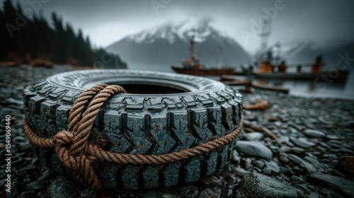 A large tire, tied with rope, rests on a rocky beach.  Misty mountains and ships are in the background