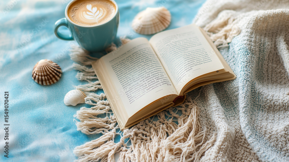 Fototapeta premium old book and a cup of coffee on the table with sea shells