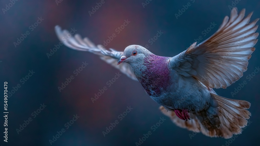 Fototapeta premium A pigeon soars, wings outstretched, against a muted backdrop