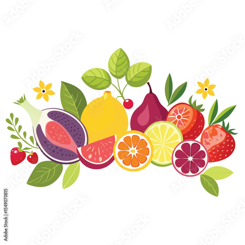 Bright and colorful arrangements of fresh fruits and vegetables, including berries and citrus with leaves