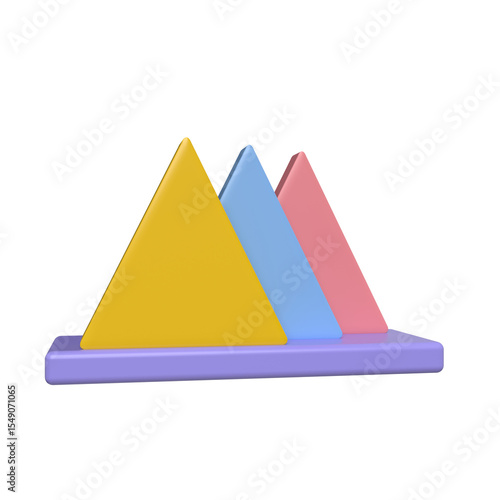 Three pastel triangles on a purple platform, minimalist 3D render