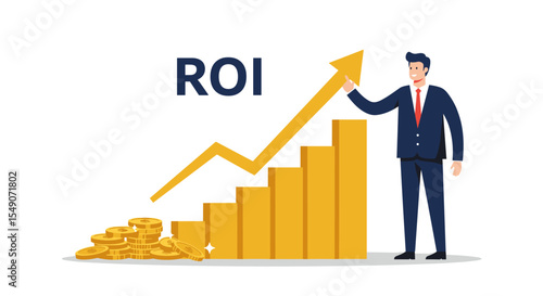 Business growth concept with roi arrow and coins for financial strategy design vector illustration