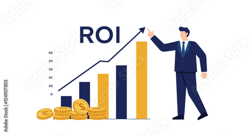 Business growth and roi illustration with bar chart and coins for financial strategy design vector illustration