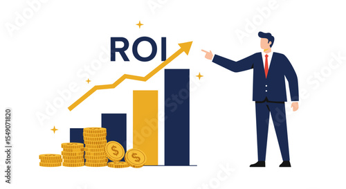 Business growth and roi increase with rising profits and graph concept illustration vector illustration
