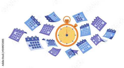 Time management concept with clock and floating calendars in blue and yellow for efficient planning vector illustration