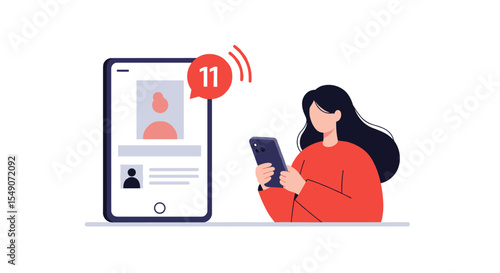 Social media notification concept with woman checking smartphone for messages vector illustration