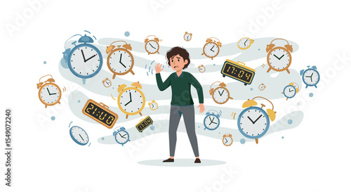 Man surrounded by clocks illustration reflecting time management concept for design use vector illustration