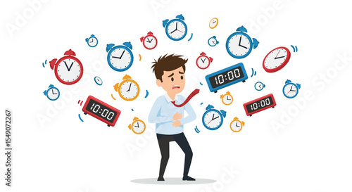 Time management stress concept with clocks and alarm clocks surrounding worried businessman vector illustration
