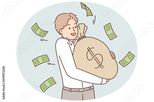 Successful businessman carrying big bag of cash earned from investment or sale of company