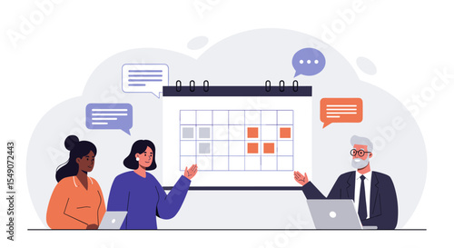 Team collaboration on project timeline - business meeting with calendar planning for effective workflow vector illustration