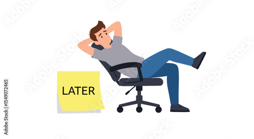 Relaxed man procrastinating at work with sticky note - concept of delaying tasks vector illustration