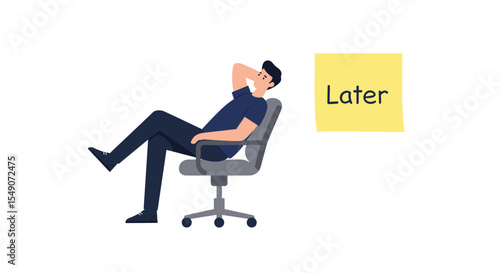 Procrastination concept illustration with relaxed office worker and later note vector illustration