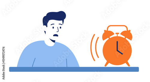 Morning alarm concept with sleepy man in blue and orange vector illustration for time management design