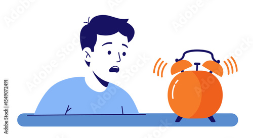 Surprised man reacting to alarm clock ringing at desk in vector art design vector illustration