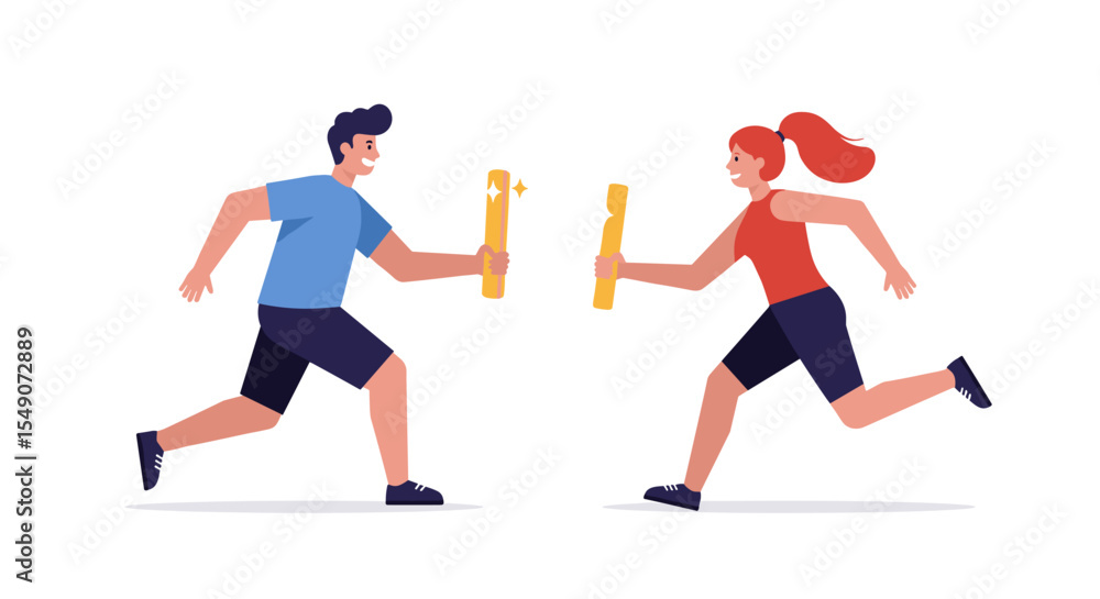 Cheerful relay race with enthusiastic runners passing baton in sport competition vector illustration Cheerful relay race with enthusiastic runners passing baton in sport competition vector illustration