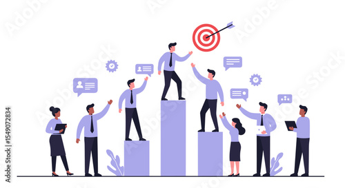 Teamwork and leadership concept with business professionals reaching target goals for presentation and strategy vector illustration