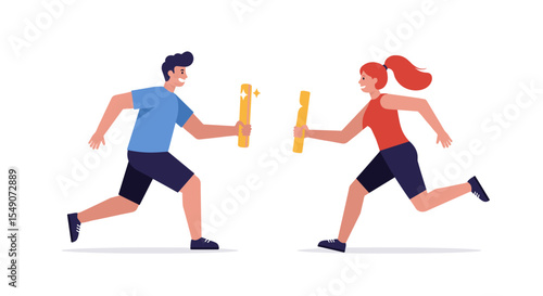 Cheerful relay race with enthusiastic runners passing baton in sport competition vector illustration
