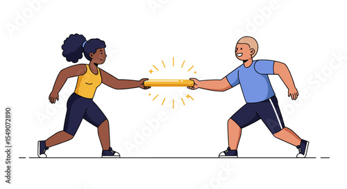 Teamwork concept with runners passing a baton in relay race vector illustration