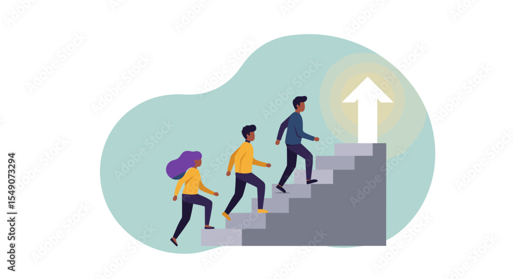 Fototapeta premium Teamwork and success concept featuring a diverse group climbing stairs towards an arrow symbolizing achievement vector illustration