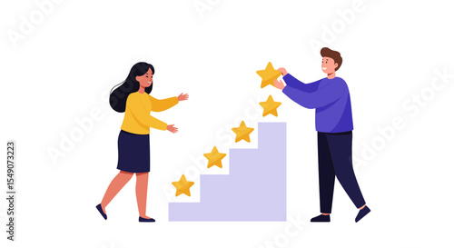 Reaching success and collaboration in teamwork with star ratings illustration vector illustration
