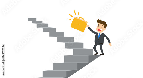 Businessman reaching career goals on ascending staircase with briefcase vector illustration