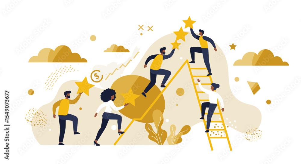 Obraz premium Teamwork and success concept with people climbing ladder to reach stars for business growth illustration vector illustration