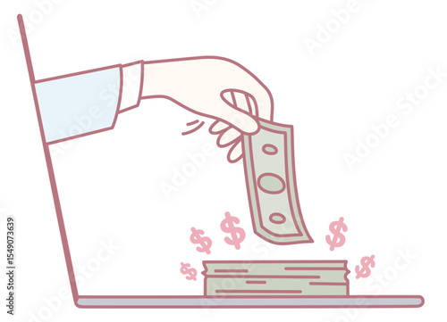 An illustration showcasing digital banking, where cash is being deposited into a laptop system for convenience