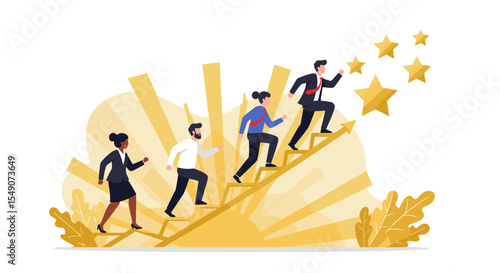 Team success journey reaching goals - business growth and achievement vector illustration