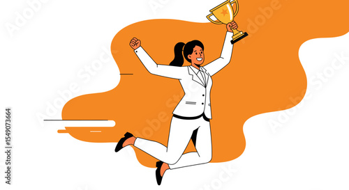 Celebration of victory with businesswoman holding trophy in dynamic vector design vector illustration
