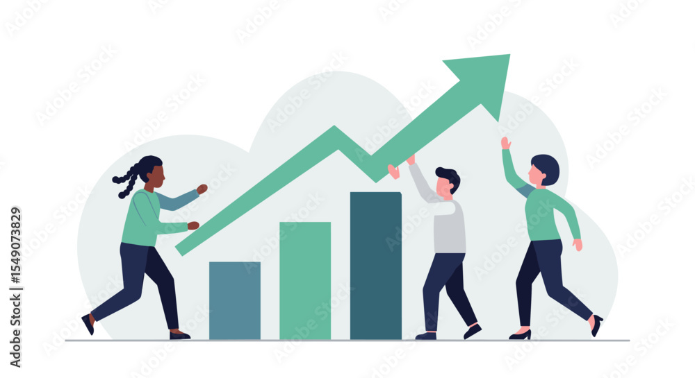Fototapeta premium Teamwork in business growth concept with people and rising arrow graphic for corporate progress illustration vector illustration