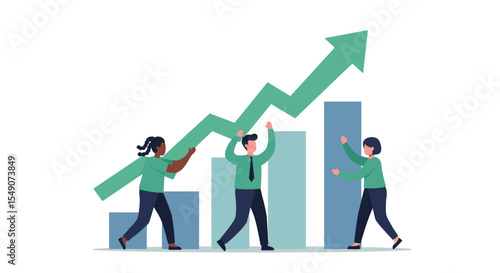Business growth and teamwork illustration with increasing graph for financial success and strategy vector illustration