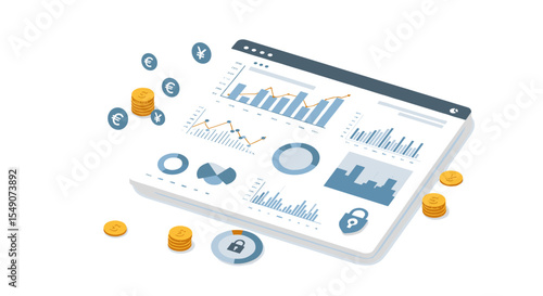 Financial data visualization with coins and graphs for business analysis design vector illustration