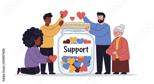 Community support concept with diverse group holding hearts for charity and care initiatives vector illustration
