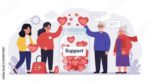 Community support concept with people sharing hearts in a jar for charity and connection vector illustration