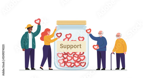 Community support and charity concept with diverse group contributing hearts in a jar for fundraising and assistance design vector illustration