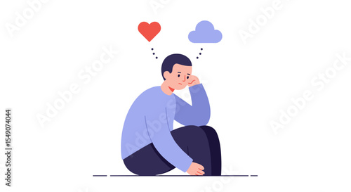Contemplative mood concept illustration with heart and cloud icons for emotional reflection vector illustration