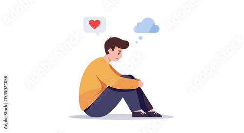 Thoughtful young man contemplating love and emotions in vector illustration for emotional design