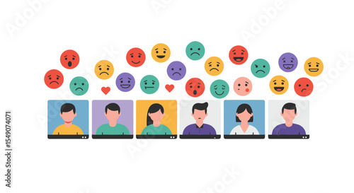 Diverse emoji expressions with video call participants for emotional communication design vector illustration