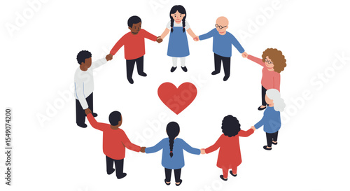 Community and unity concept with diverse people holding hands around a heart for social connection design vector illustration
