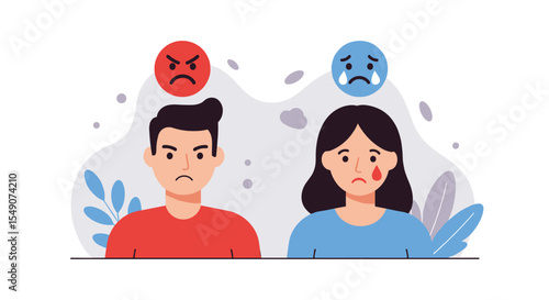 Emotional expression concept with angry and sad faces - illustrative design for emotional understanding vector illustration