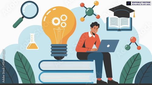 Online education learning concept creative idea with lightbulb and laptop study from home vector design