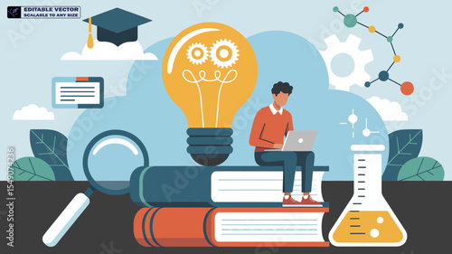 Online education learning concept creative idea with lightbulb and laptop study from home vector design