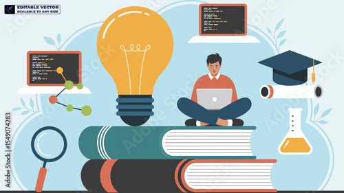 Online education learning concept creative idea with lightbulb and laptop study from home vector design