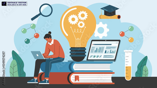 Online education learning concept creative idea with lightbulb and laptop study from home vector design