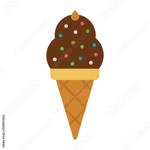 Vector Ice Cream Cone with Chocolate Coating and Sprinkles on White Background