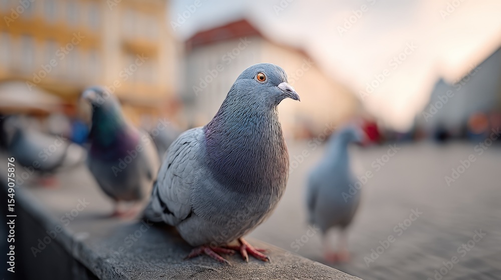 Obraz premium Close-up of a gray pigeon perched on a ledge with blurred background of city street scene du daytime
